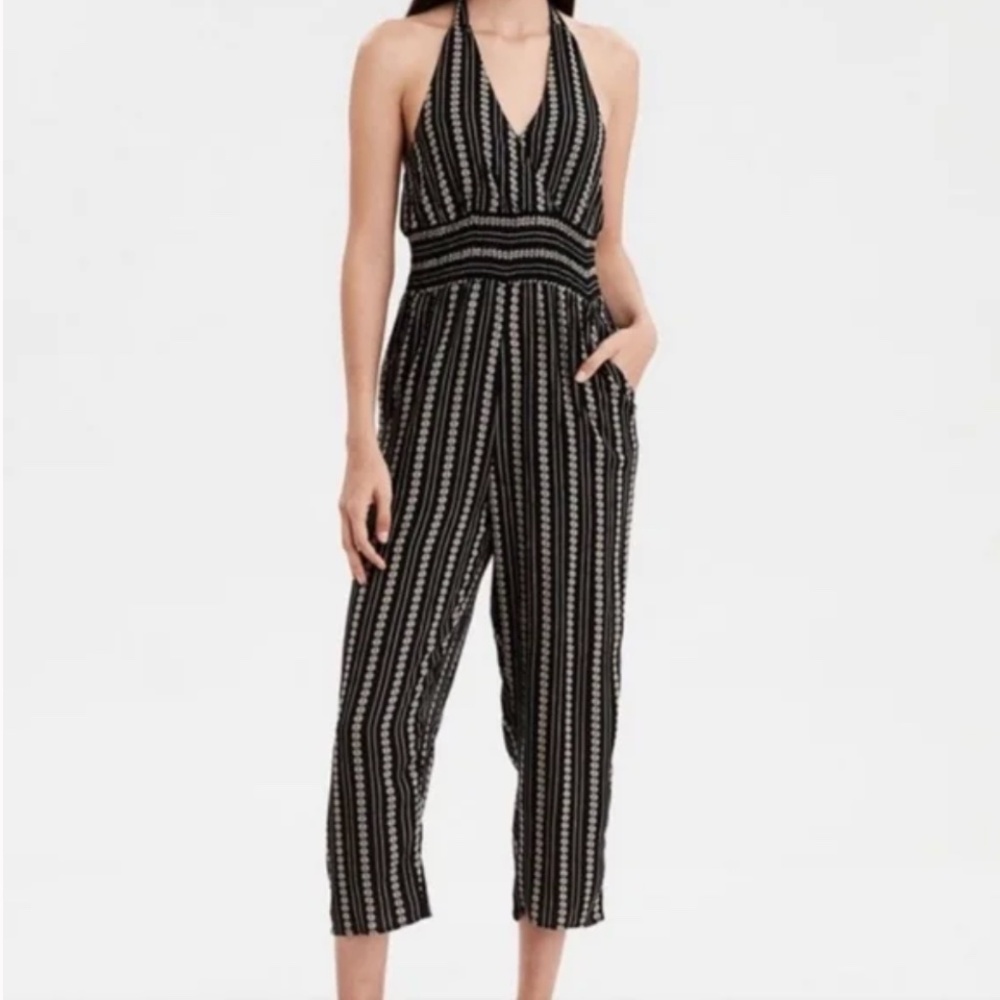 American Eagle Outfitters Black and Tan Smoked Halter Jumpsuit Size Medium